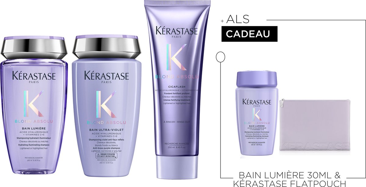 Kérastase Blond Absolu Trio + 2 Cadeaus - Neutraliserende & Verhelderende Routine voor Blond Haar – Bain Ultra-Violet 250ml, Bain Lumière 250ml & Cicaflash 250ml + Bain Lumière 30ml & Paarse Pouch Cadeau