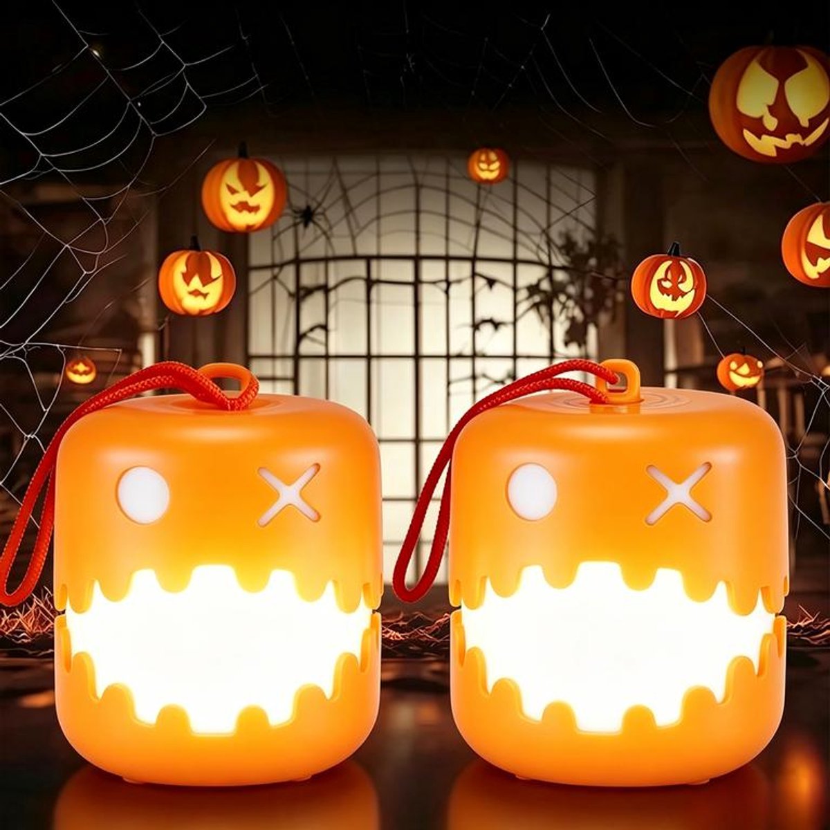 KZQ 2 stuk Oplaadbare Halloween pompoenlantaarnset - Opvouwbare lantaarn - Nachtlampje - Halloween decoratie - Halloween verlichting - 7 kleuren licht - Geel