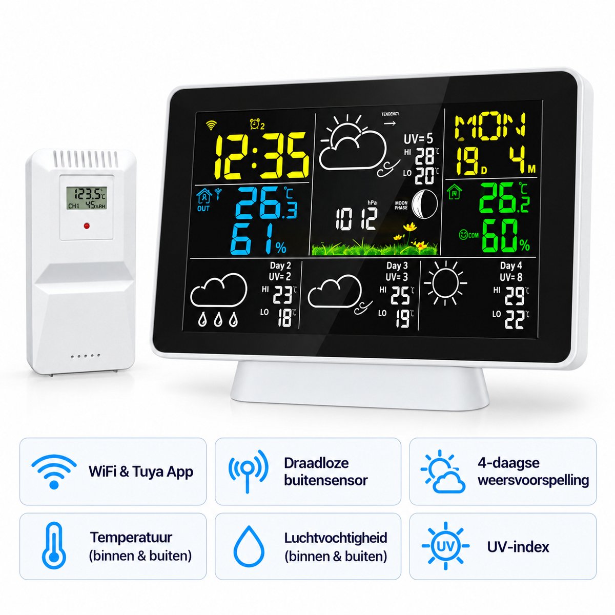 Nexeli NX-WS-25A Slim WiFi Weerstation met Buitensensor - Tuya App - 4-daagse Weersvoorspelling - Temperatuur - Luchtvochtigheid - UV-index