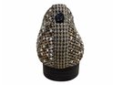 Achterkant van bruine La Strada loafer met pied-de-poule patroon en glinsterende steentjes, met logo op de hiel.