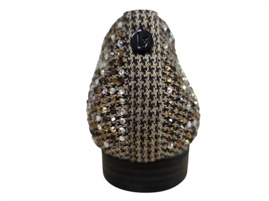 Achterkant van bruine La Strada loafer met pied-de-poule patroon en glinsterende steentjes, met logo op de hiel.