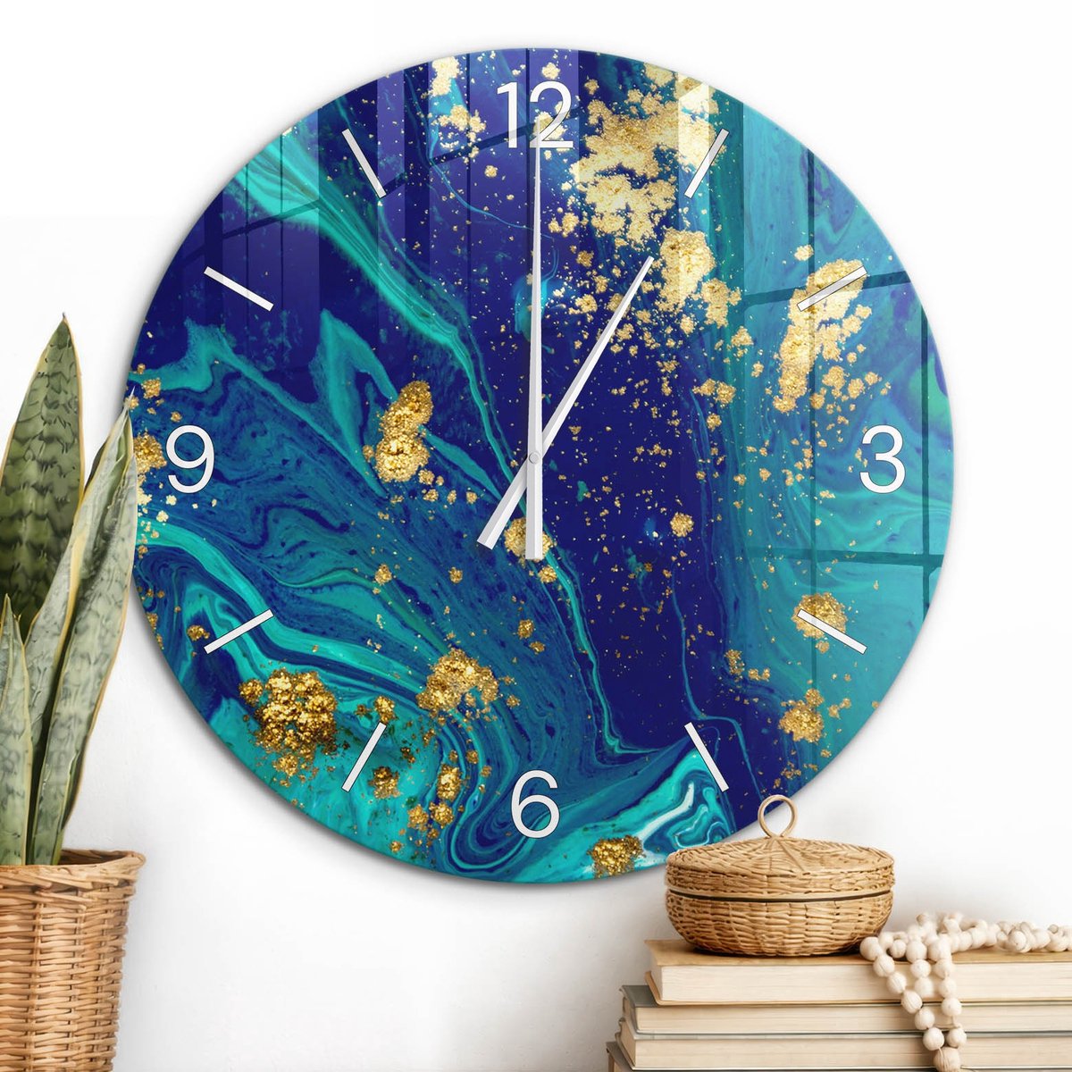 ArtPrintCave Blauw Glazen Klok - Wandklok 60 cm - Muurklok Rond - Blauwe Abstractie Stille Wandklok - Kunst Wandklok Keuken - Witte Klokwijzers