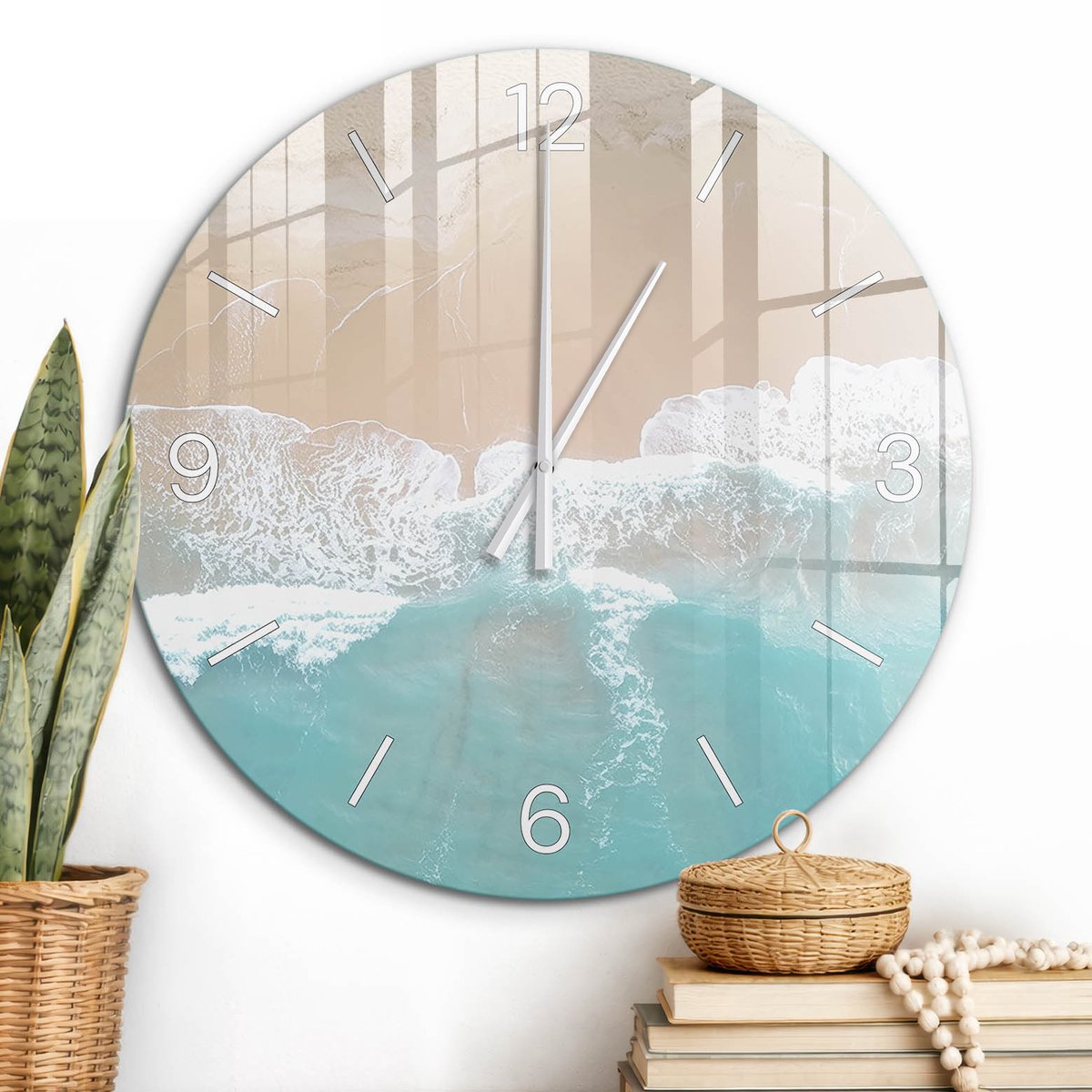 ArtPrintCave Turkoois Glazen Klok - Wandklok 60 cm - Muurklok Rond - Rustig Strand Wandklok Keuken - Landschappen Unieke Klok - Witte Klokwijzers