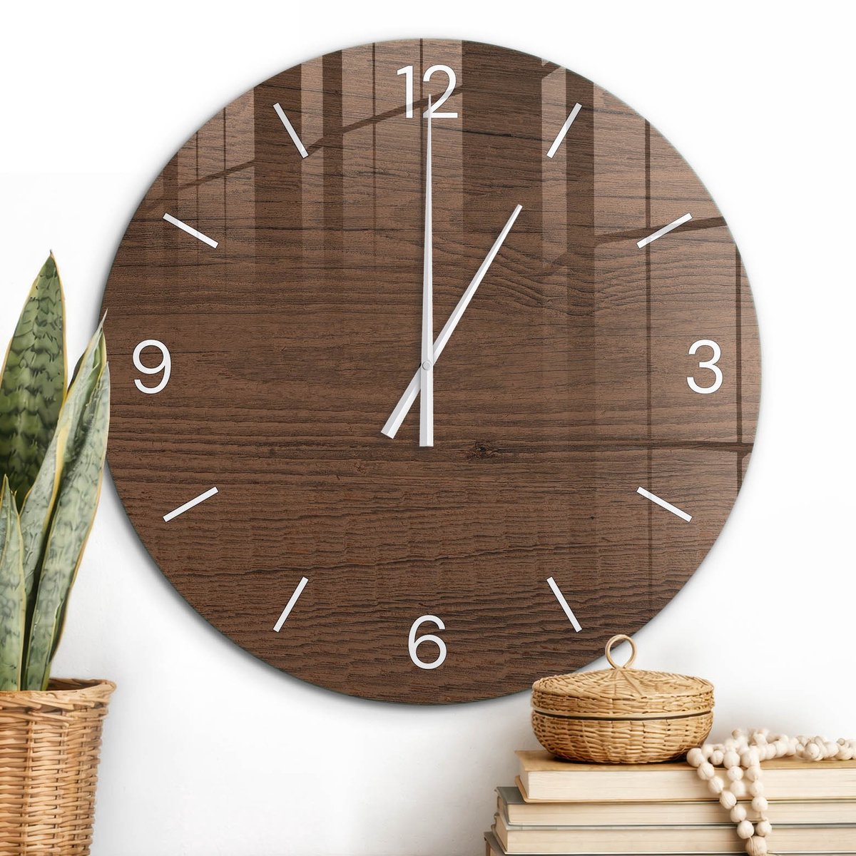 ArtPrintCave Bruin Glazen Klok - Wandklok 60 cm - Muurklok Rond - Bruin Hout Wandklok Keuken - Kunst Unieke Klok - Witte Klokwijzers