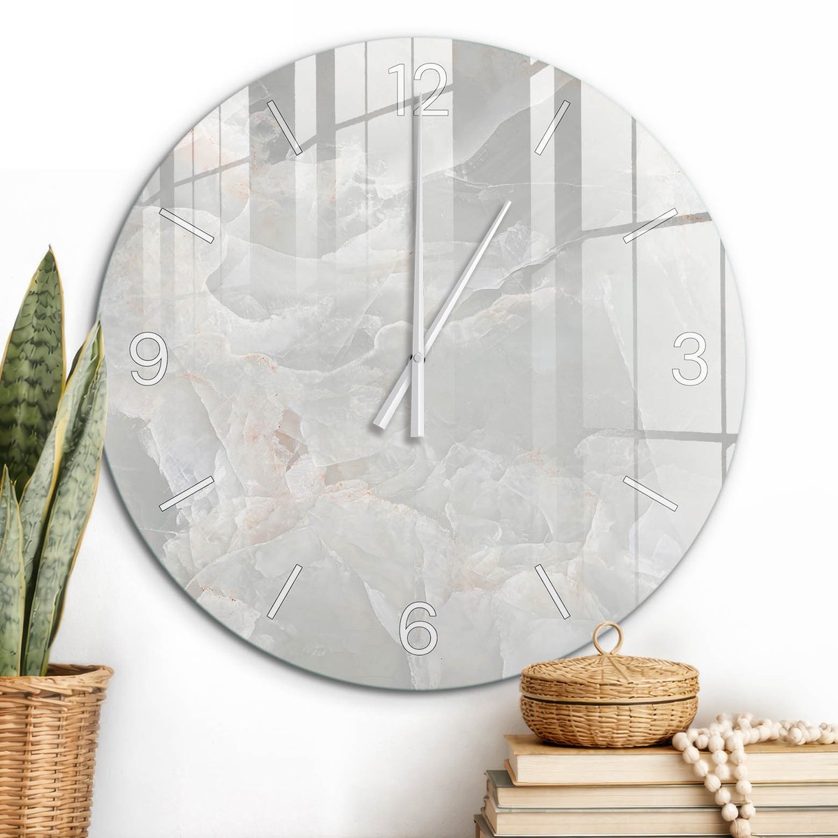 ArtPrintCave Grijs Glazen Klok - Wandklok 60 cm - Muurklok Rond - Marmeren Elegantie Stille Wandklok - Achtergronden En Patronen Wandklok Keuken - Witte Klokwijzers