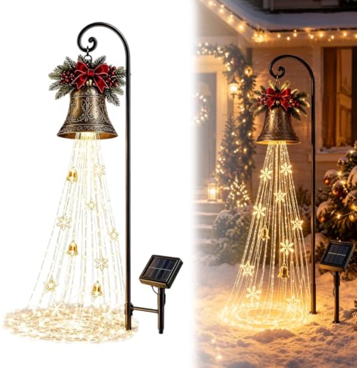 Casalora S/L Kerstklok Cascade Solar Tuinverlichting, Klok Cascade, 1 stuk groot Warm wit, waterval tuinverlichting op prikpaal, waterdicht, automatisch aan/uit voor gazon, tuinpad, voortuin en feestelijke buitendecoratie