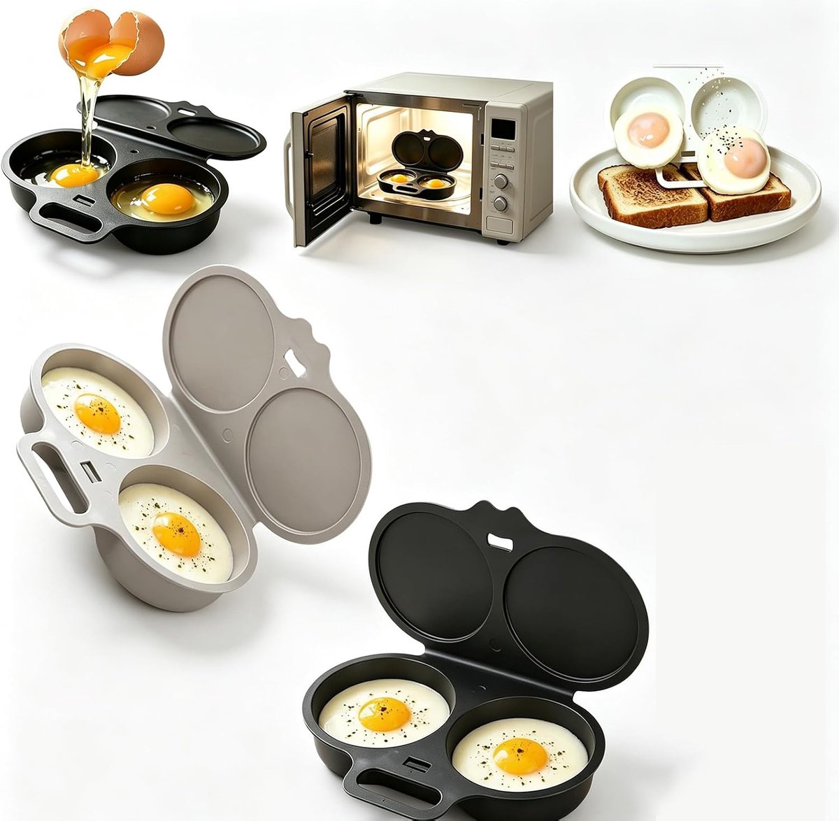 Eierkoker - 2 stuks - Magnetron Eierkoker - Dubbele Houders - Eierstoompan - Gepocheerd Ei - Egg Poacher - Hittebestendige Koker - Snel koken - 16x12x3cm - grijs,zwart