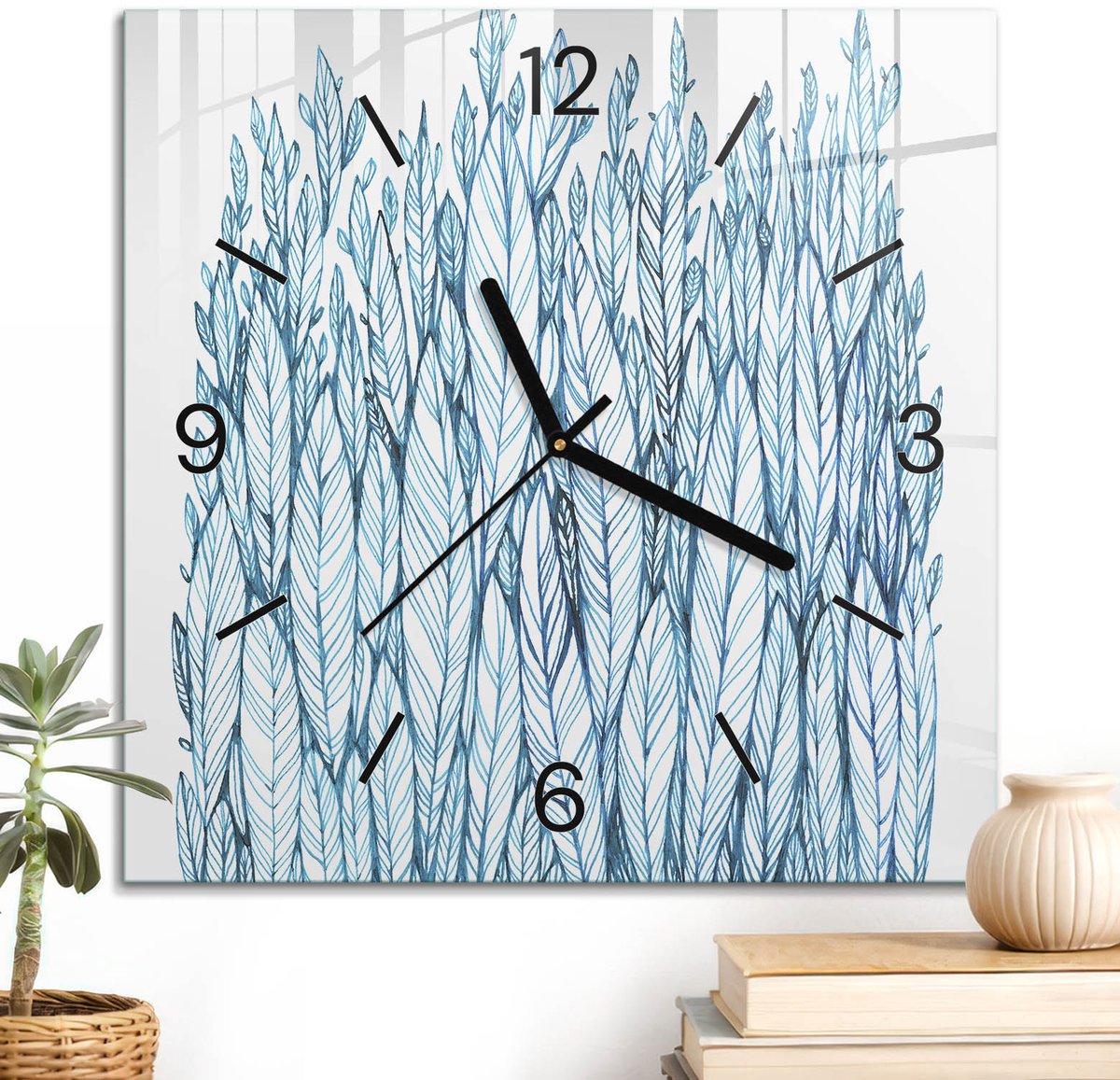 ArtPrintCave Turkoois Glazen Klok - 30x30 cm - Wandklok Vierkant - Veren Abstractie Wandklok Keuken - Achtergronden En Patronen Unieke Klok - Zwarte Klokwijzers
