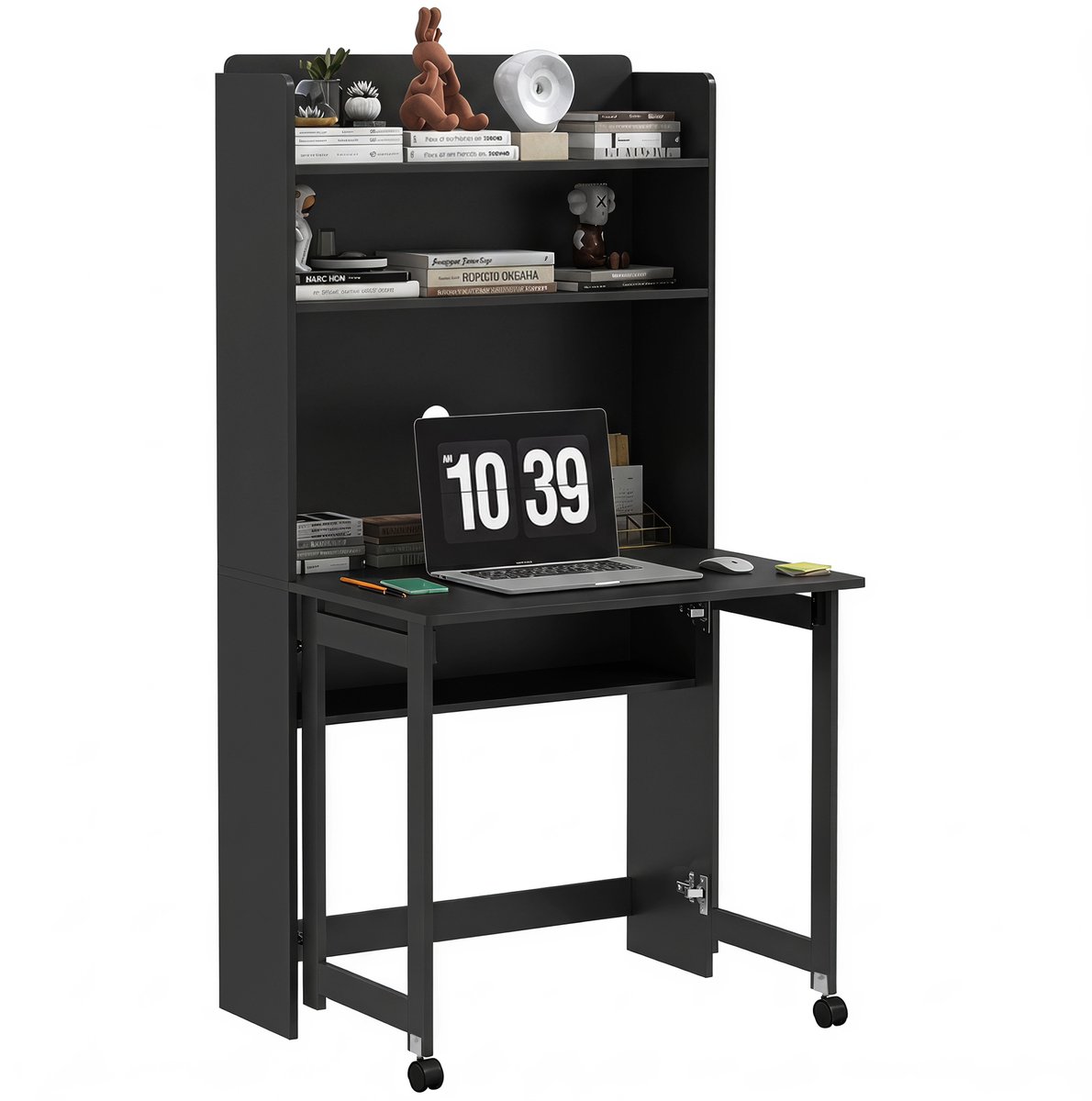 Zwart computerbureau - Opklapbaar bureau met opbergplanken - Ruimtebesparend - 80x69x155cm - Zwart