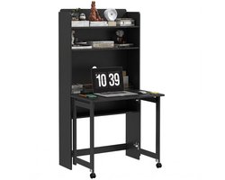 Zwart computerbureau - Opklapbaar bureau met opbergplanken - Ruimtebesparend - 80x69x155cm - Zwart