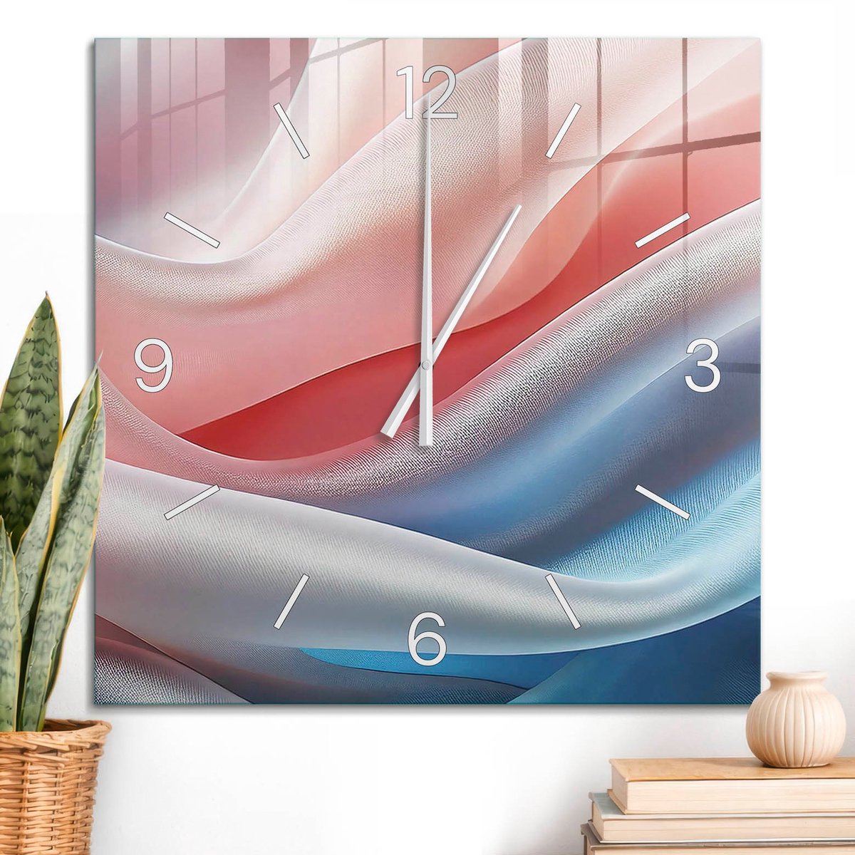 ArtPrintCave Roze Glazen Klok - 60x60 cm - Wandklok Vierkant - Pastelkleurige Stoffen Stille Wandklok - Abstractie Wandklok Keuken - Witte Klokwijzers
