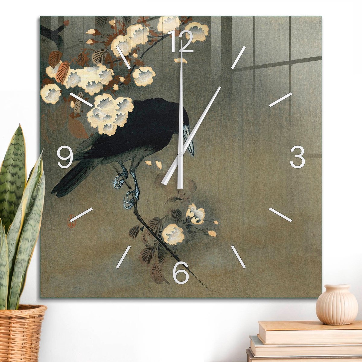 ArtPrintCave Bruin Glazen Klok - 60x60 cm - Wandklok Vierkant - Zwarte Vogel Wandklok Keuken - Dieren Unieke Klok - Witte Klokwijzers