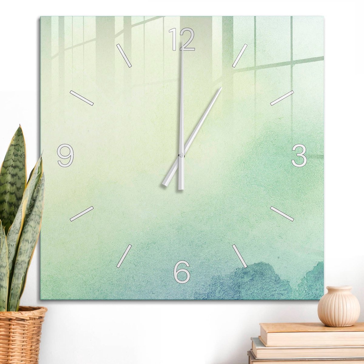 ArtPrintCave Turkoois Glazen Klok - 60x60 cm - Wandklok Vierkant - Subtiel Minimalisme Stille Wandklok - Achtergronden En Patronen Wandklok Keuken - Witte Klokwijzers