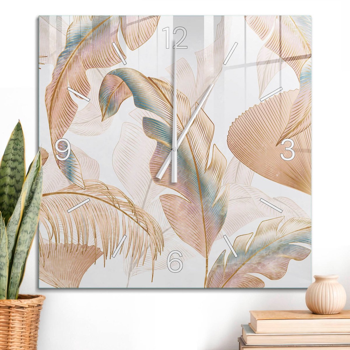 ArtPrintCave Beige Glazen Klok - 60x60 cm - Wandklok Vierkant - Pastelkleurige Bladeren Unieke Klok - Achtergronden En Patronen Stille Wandklok - Witte Klokwijzers