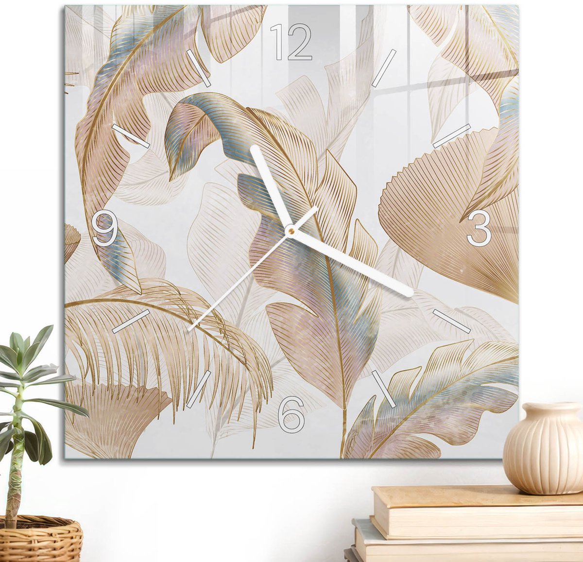 ArtPrintCave Beige Glazen Klok - 30x30 cm - Wandklok Vierkant - Pastelkleurige Bladeren Wandklok Keuken - Achtergronden En Patronen Unieke Klok - Witte Klokwijzers