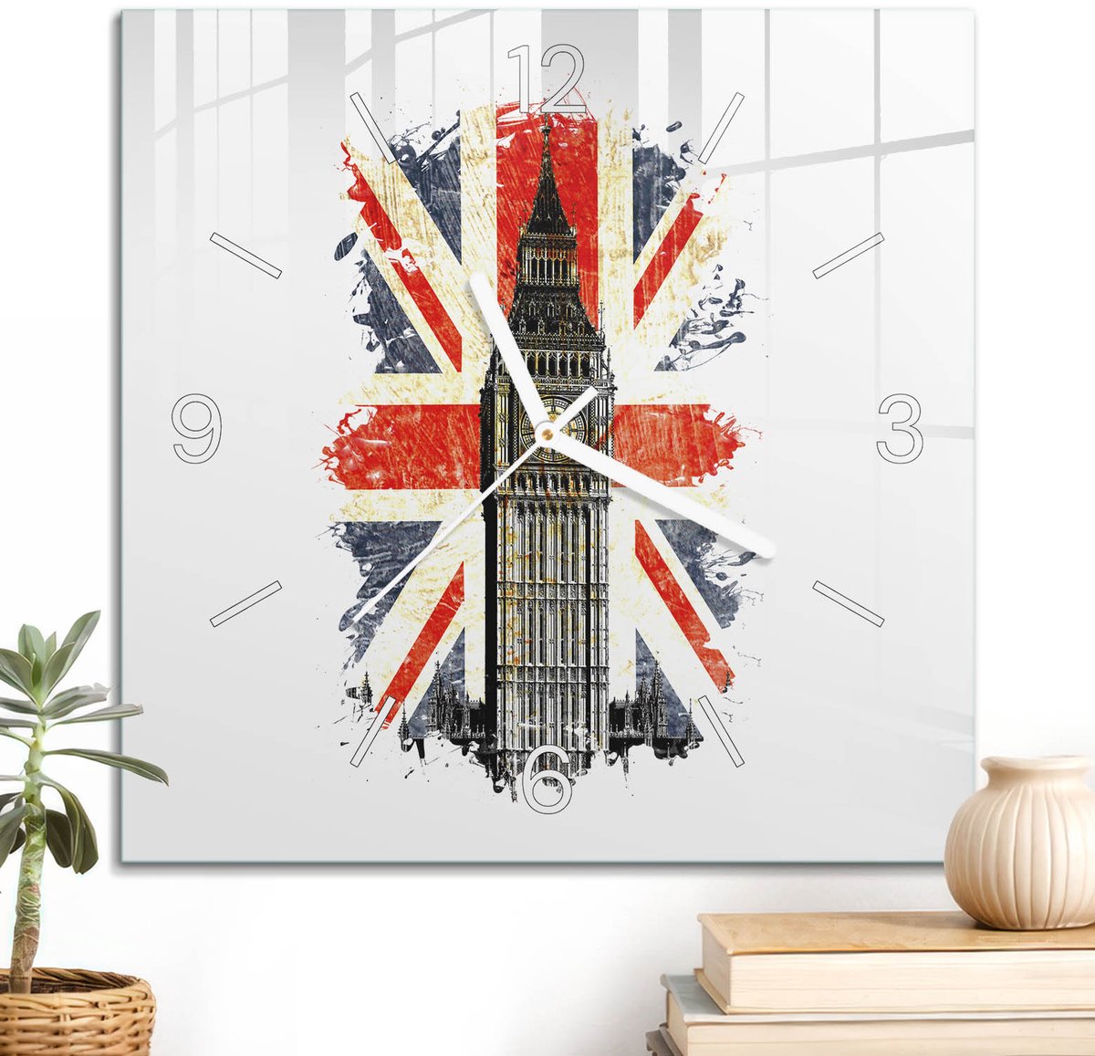 ArtPrintCave Rood Glazen Klok - 30x30 cm - Wandklok Vierkant - Brits Icoon Wandklok Keuken - Abstractie Unieke Klok - Witte Klokwijzers