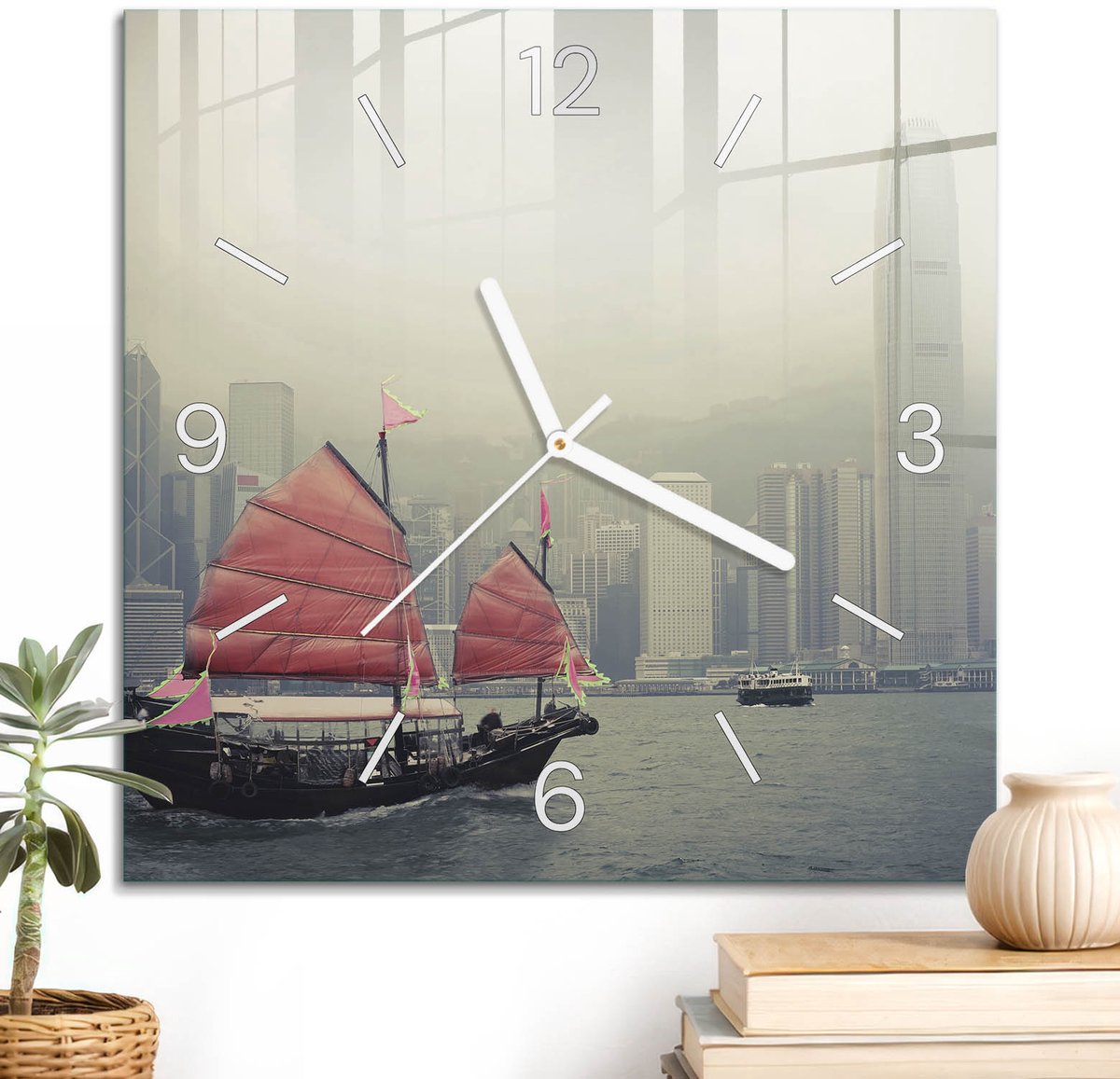ArtPrintCave Grijs Glazen Klok - 30x30 cm - Wandklok Vierkant - Stadszeilschip Stille Wandklok - Landschappen Wandklok Keuken - Witte Klokwijzers