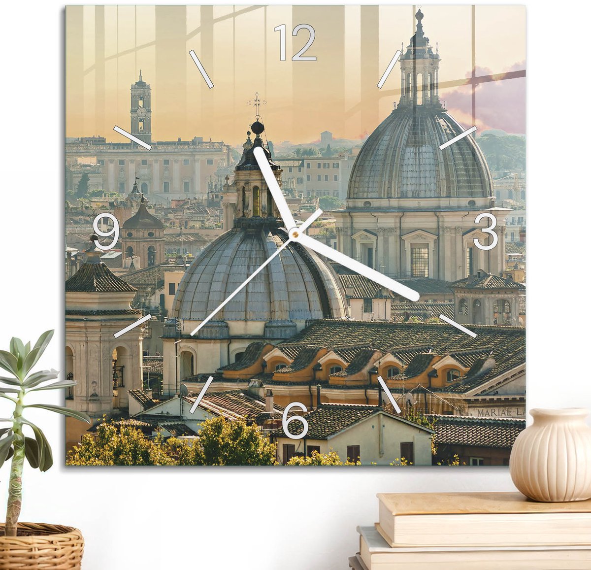ArtPrintCave Beige Glazen Klok - 30x30 cm - Wandklok Vierkant - Historische Architectuur Stille Wandklok - Steden Wandklok Keuken - Witte Klokwijzers