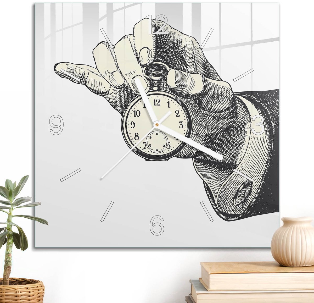 ArtPrintCave Zwart-wit Glazen Klok - 30x30 cm - Wandklok Vierkant - Tijd En Elegantie Unieke Klok - Mensen Stille Wandklok - Witte Klokwijzers
