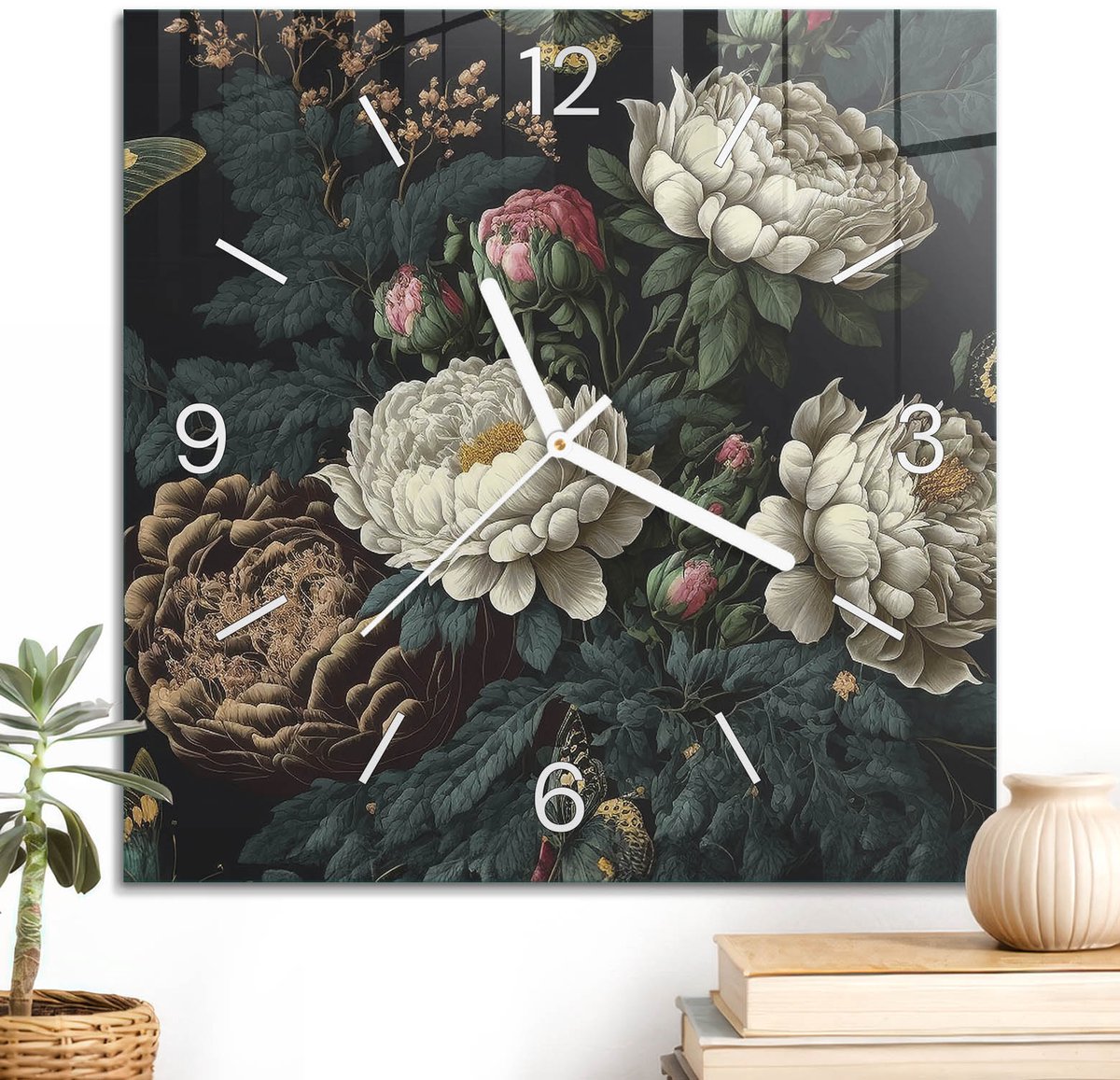 ArtPrintCave Groene Glazen Klok - 30x30 cm - Wandklok Vierkant - Bloemen En Vlinders Wandklok Keuken - Natuur Unieke Klok - Witte Klokwijzers