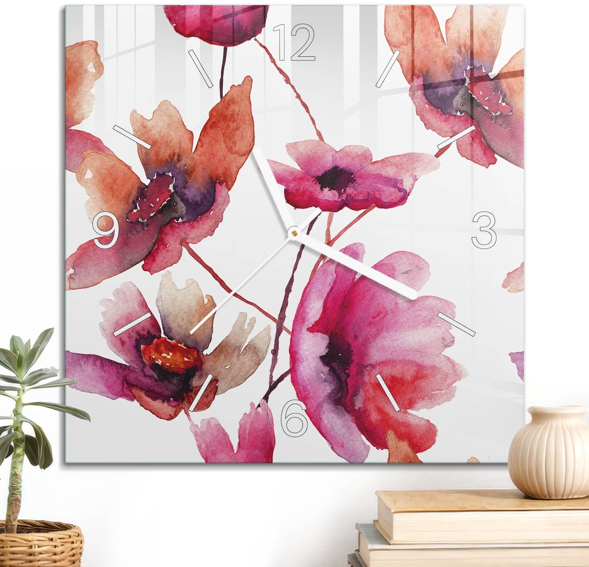 ArtPrintCave Rood Glazen Klok - 30x30 cm - Wandklok Vierkant - Bloemenpatroon Stille Wandklok - Kunst Wandklok Keuken - Witte Klokwijzers