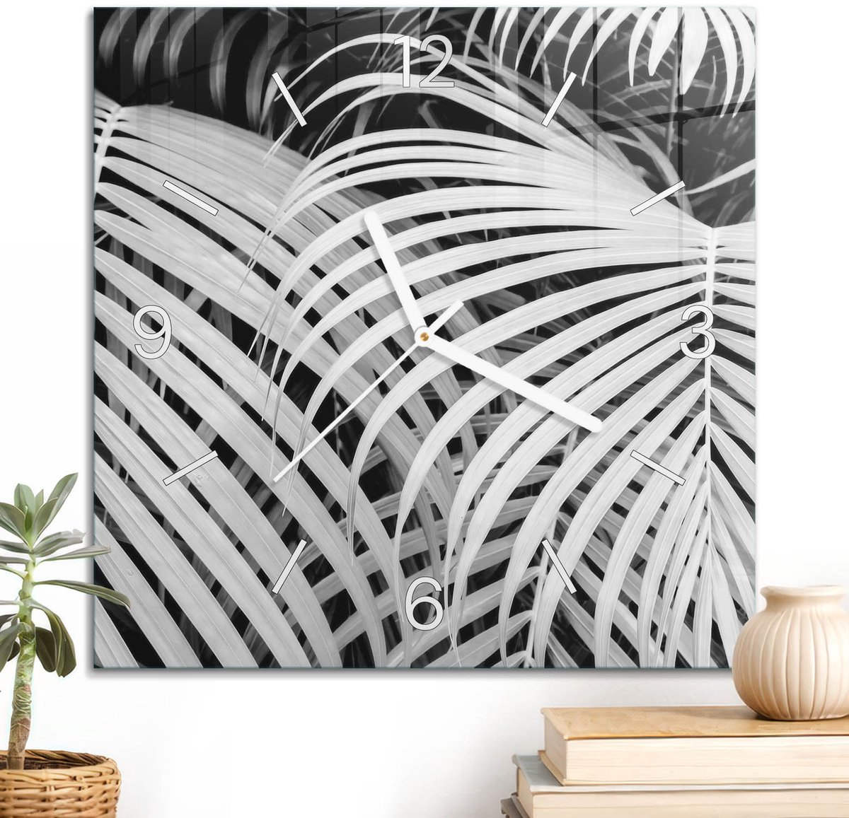 ArtPrintCave Zwart Glazen Klok - 30x30 cm - Wandklok Vierkant - Bladpatroon Stille Wandklok - Natuur Wandklok Keuken - Witte Klokwijzers