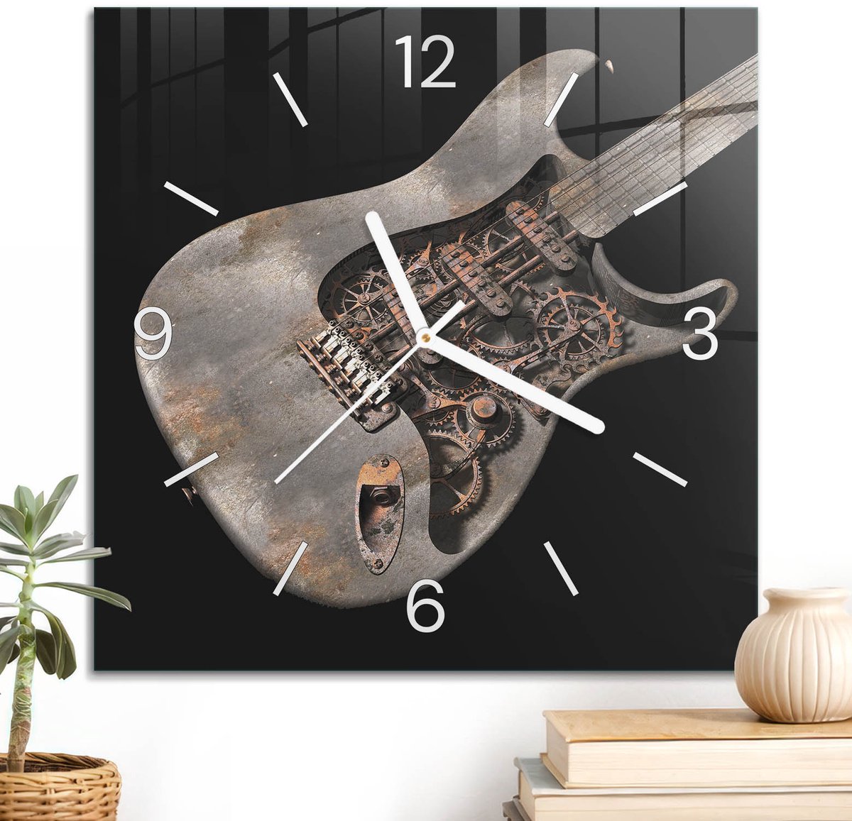 ArtPrintCave Grijs Glazen Klok - 30x30 cm - Wandklok Vierkant - Industriële Gitaar Unieke Klok - Abstractie Stille Wandklok - Witte Klokwijzers