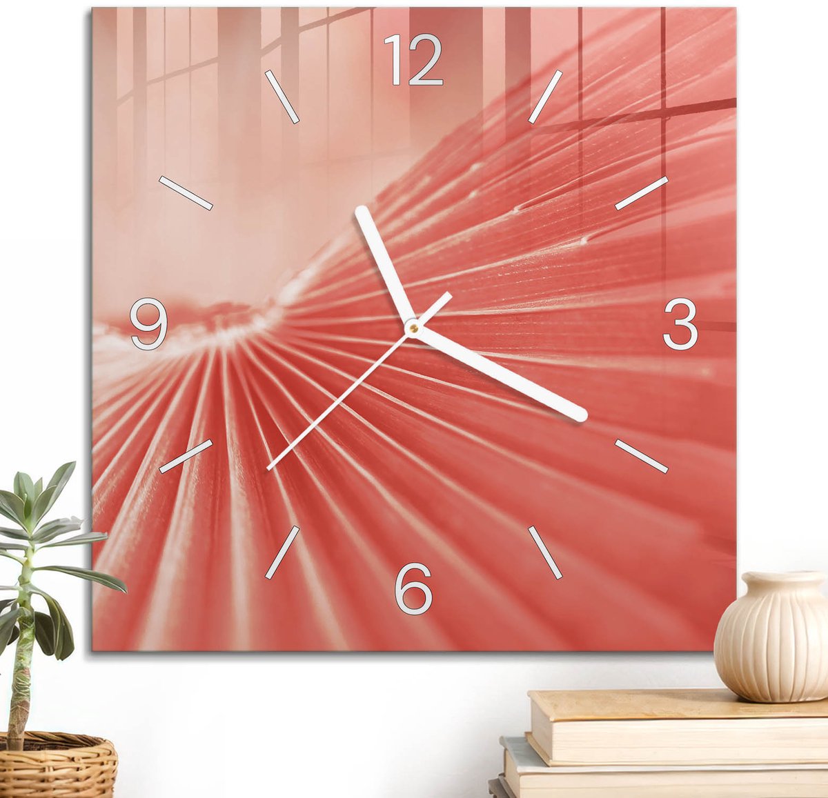 ArtPrintCave Rood Glazen Klok - 30x30 cm - Wandklok Vierkant - Lijnenergie Unieke Klok - Kunst Stille Wandklok - Witte Klokwijzers