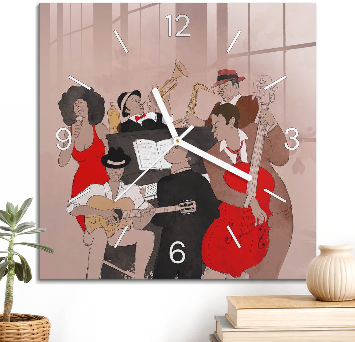 ArtPrintCave Beige Glazen Klok - 30x30 cm - Wandklok Vierkant - Muzikale Passies Wandklok Keuken - Kunst Unieke Klok - Witte Klokwijzers