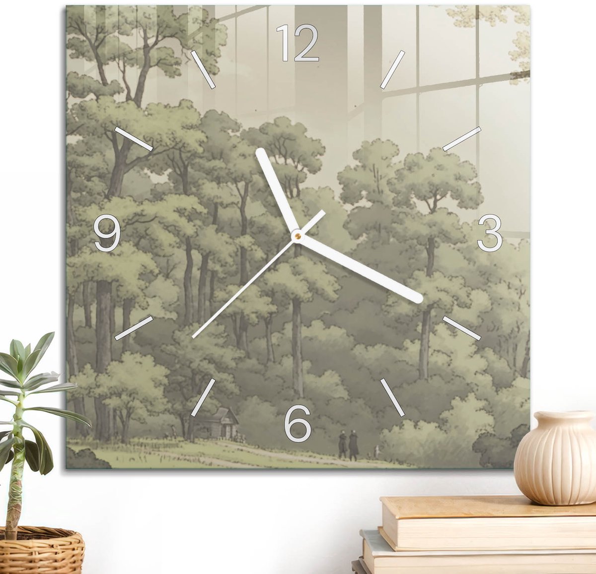 ArtPrintCave Groene Glazen Klok - 30x30 cm - Wandklok Vierkant - Boslandschap Wandklok Keuken - Landschappen Unieke Klok - Witte Klokwijzers