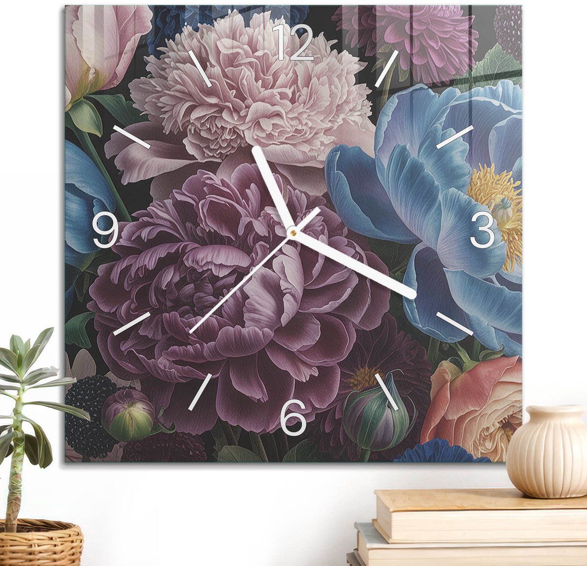 ArtPrintCave Paars Glazen Klok - 30x30 cm - Wandklok Vierkant - Bloemarrangement Stille Wandklok - Kunst Wandklok Keuken - Witte Klokwijzers