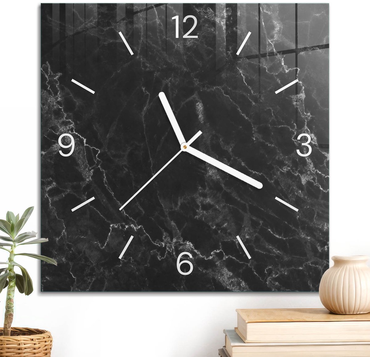 ArtPrintCave Zwart Glazen Klok - 30x30 cm - Wandklok Vierkant - Zwart Marmer Stille Wandklok - Achtergronden En Patronen Wandklok Keuken - Witte Klokwijzers