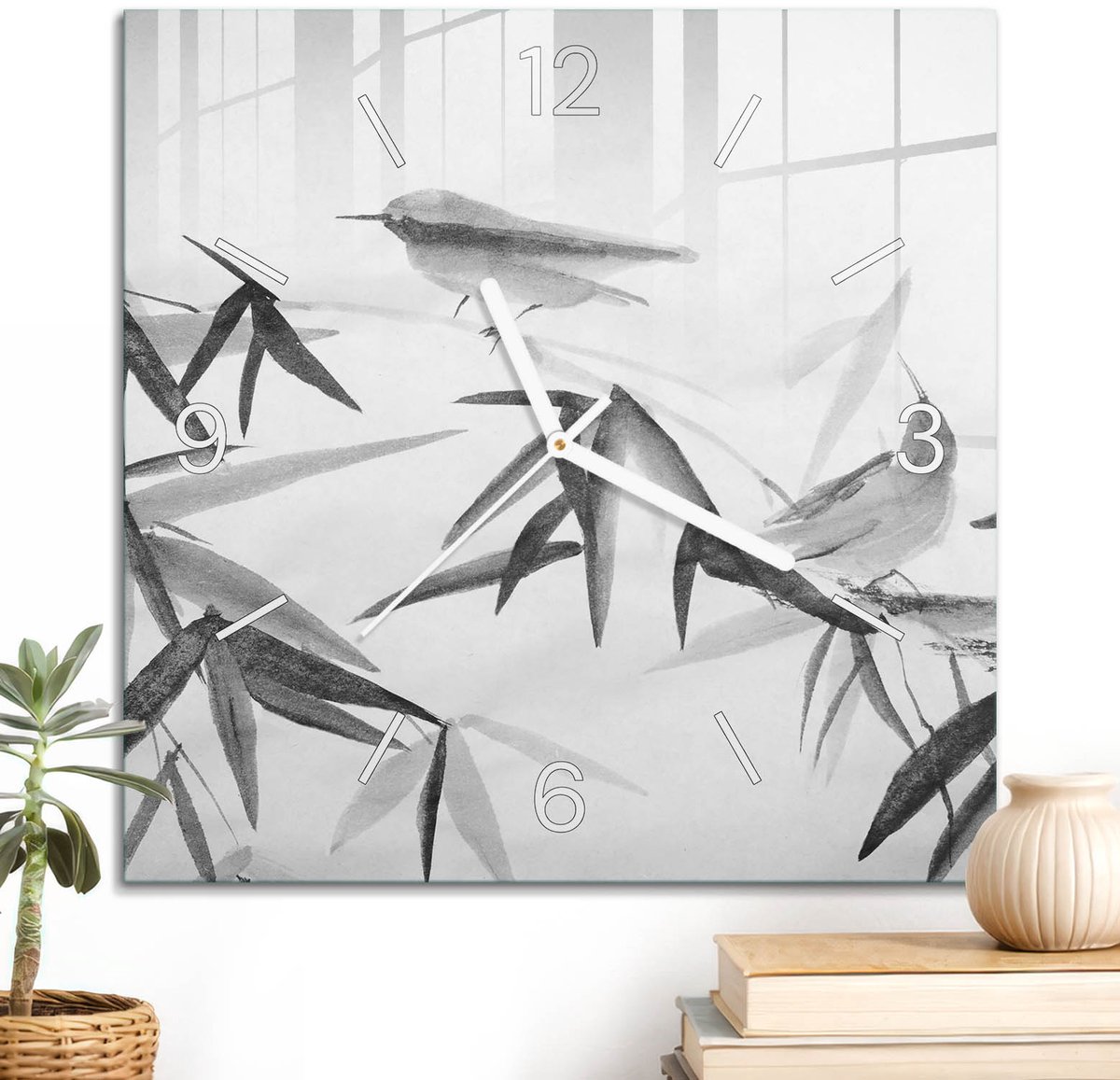 ArtPrintCave Zwart-wit Glazen Klok - 30x30 cm - Wandklok Vierkant - Bamboe Vogels Unieke Klok - Natuur Stille Wandklok - Witte Klokwijzers