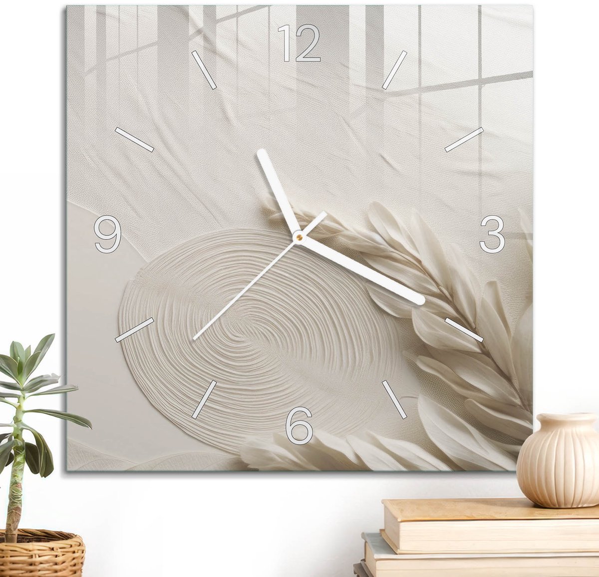 ArtPrintCave Beige Glazen Klok - 30x30 cm - Wandklok Vierkant - Organische Elegantie Wandklok Keuken - Texturen Unieke Klok - Witte Klokwijzers
