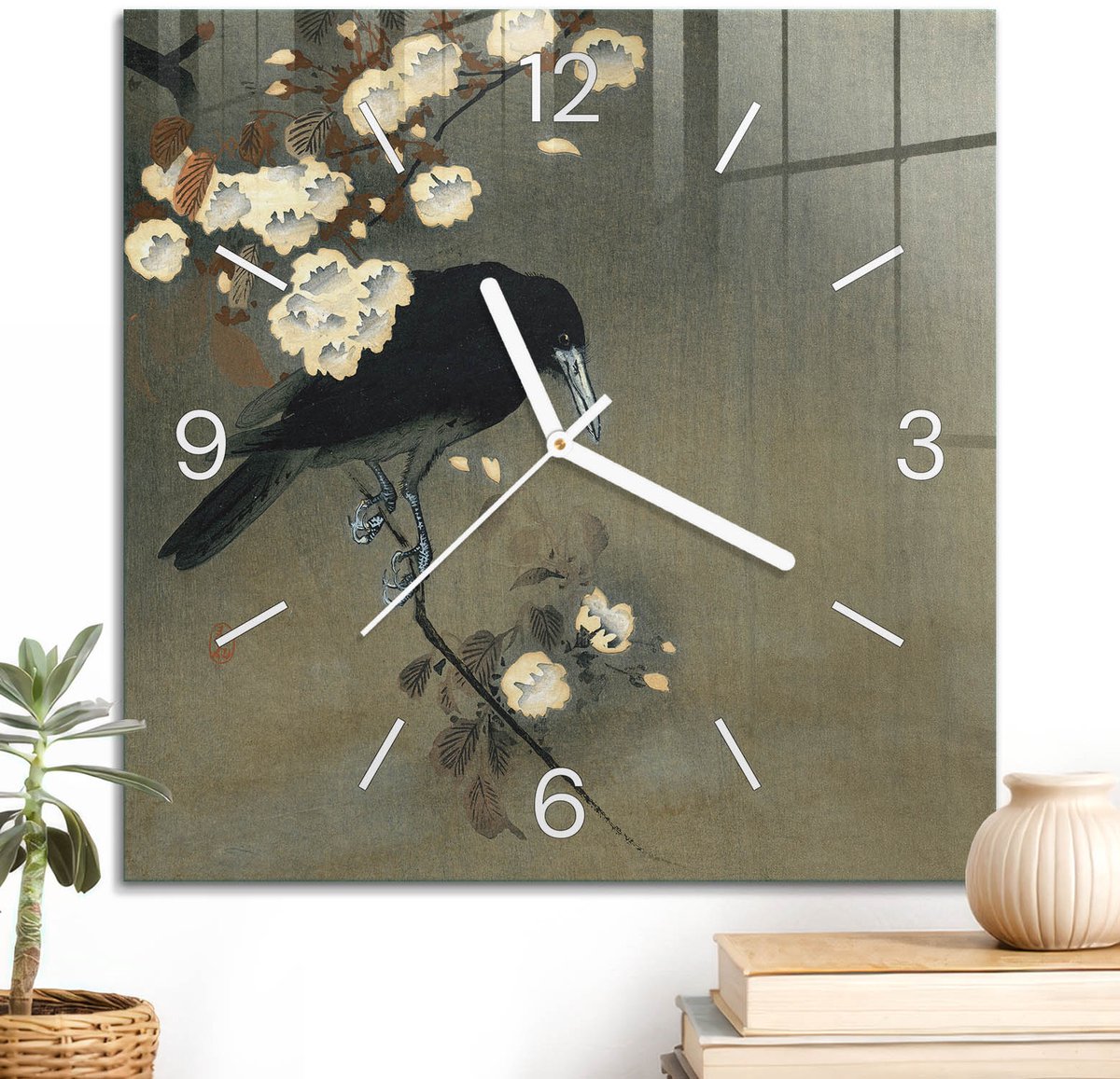 ArtPrintCave Bruin Glazen Klok - 30x30 cm - Wandklok Vierkant - Zwarte Vogel Stille Wandklok - Dieren Wandklok Keuken - Witte Klokwijzers