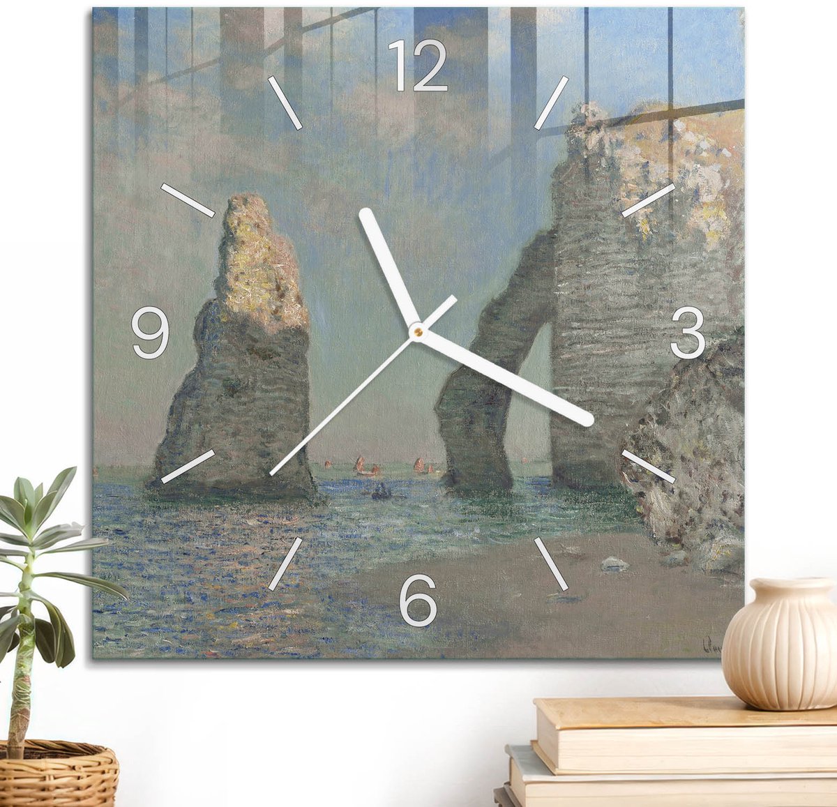 ArtPrintCave Blauw Glazen Klok - 30x30 cm - Wandklok Vierkant - Zeegezicht Wandklok Keuken - Natuur Unieke Klok - Witte Klokwijzers