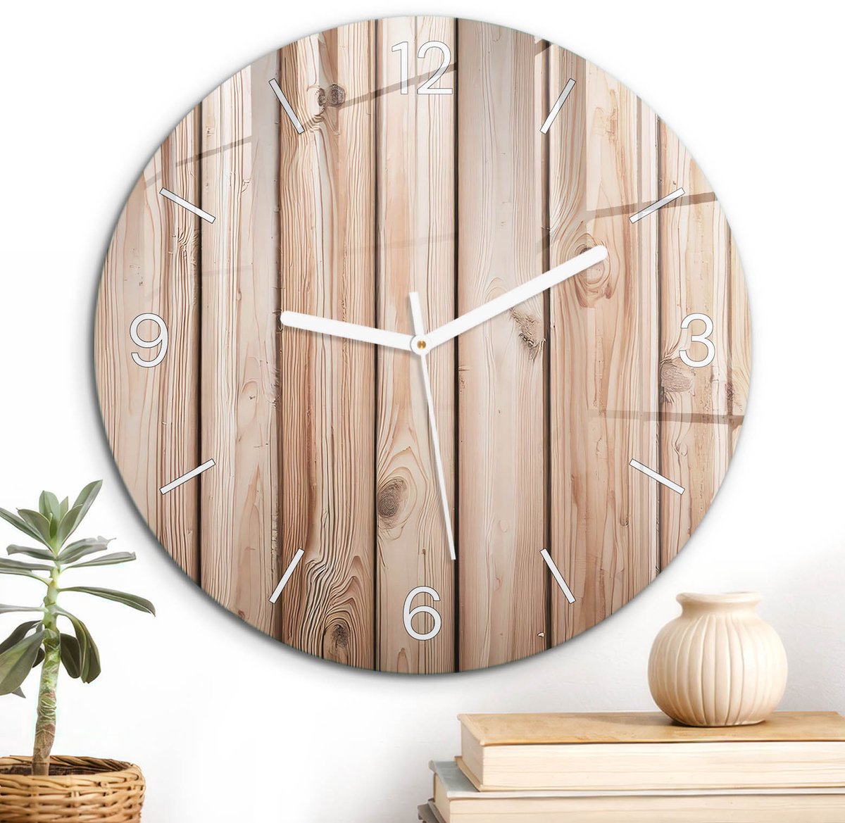 ArtPrintCave Bruin Glazen Klok - Wandklok 30 cm - Muurklok Rond - Houten Planken Wandklok Keuken - Achtergronden En Patronen Unieke Klok - Witte Klokwijzers