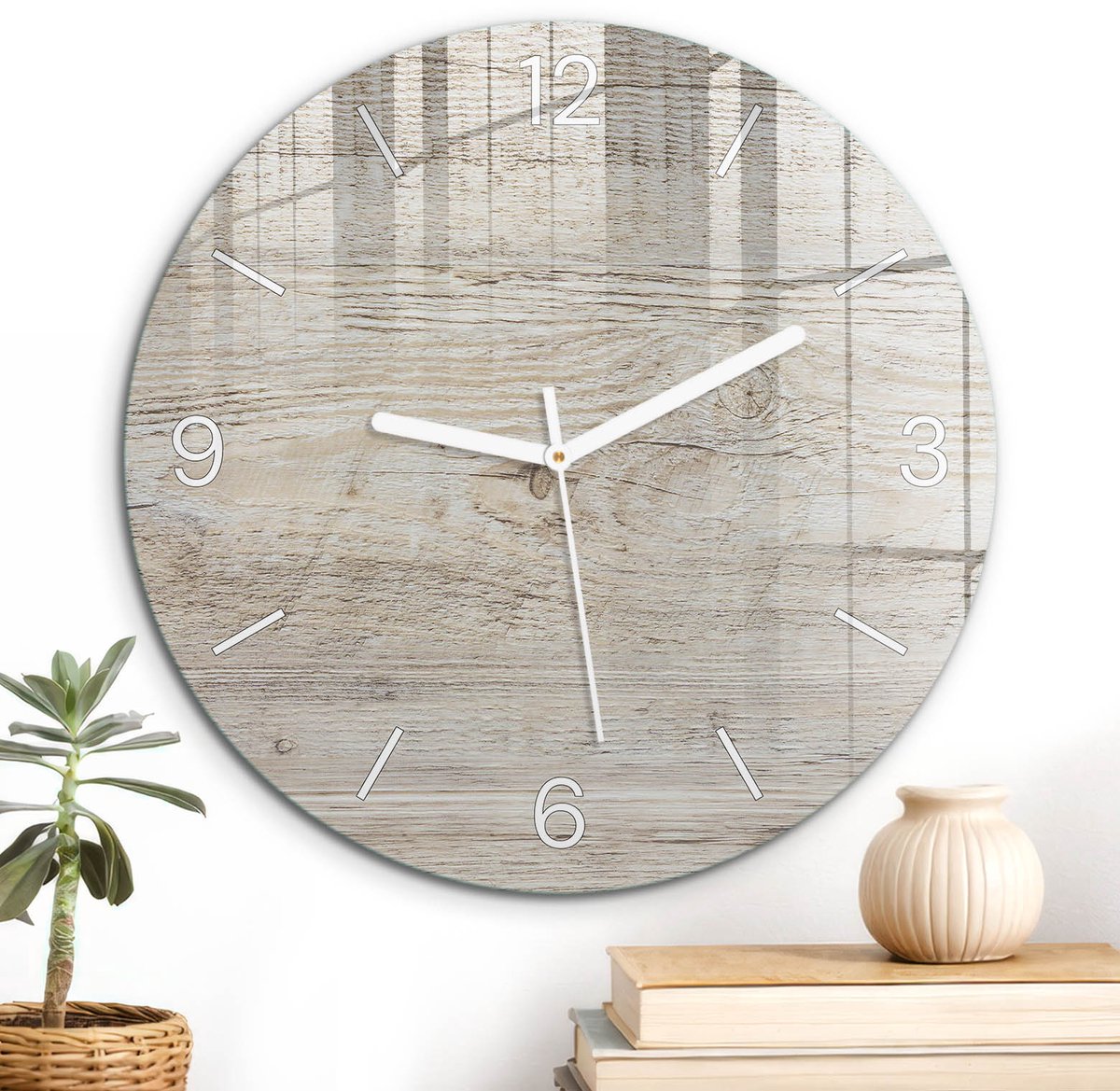 ArtPrintCave Beige Glazen Klok - Wandklok 30 cm - Muurklok Rond - Beige Hout Wandklok Keuken - Achtergronden En Patronen Unieke Klok - Witte Klokwijzers