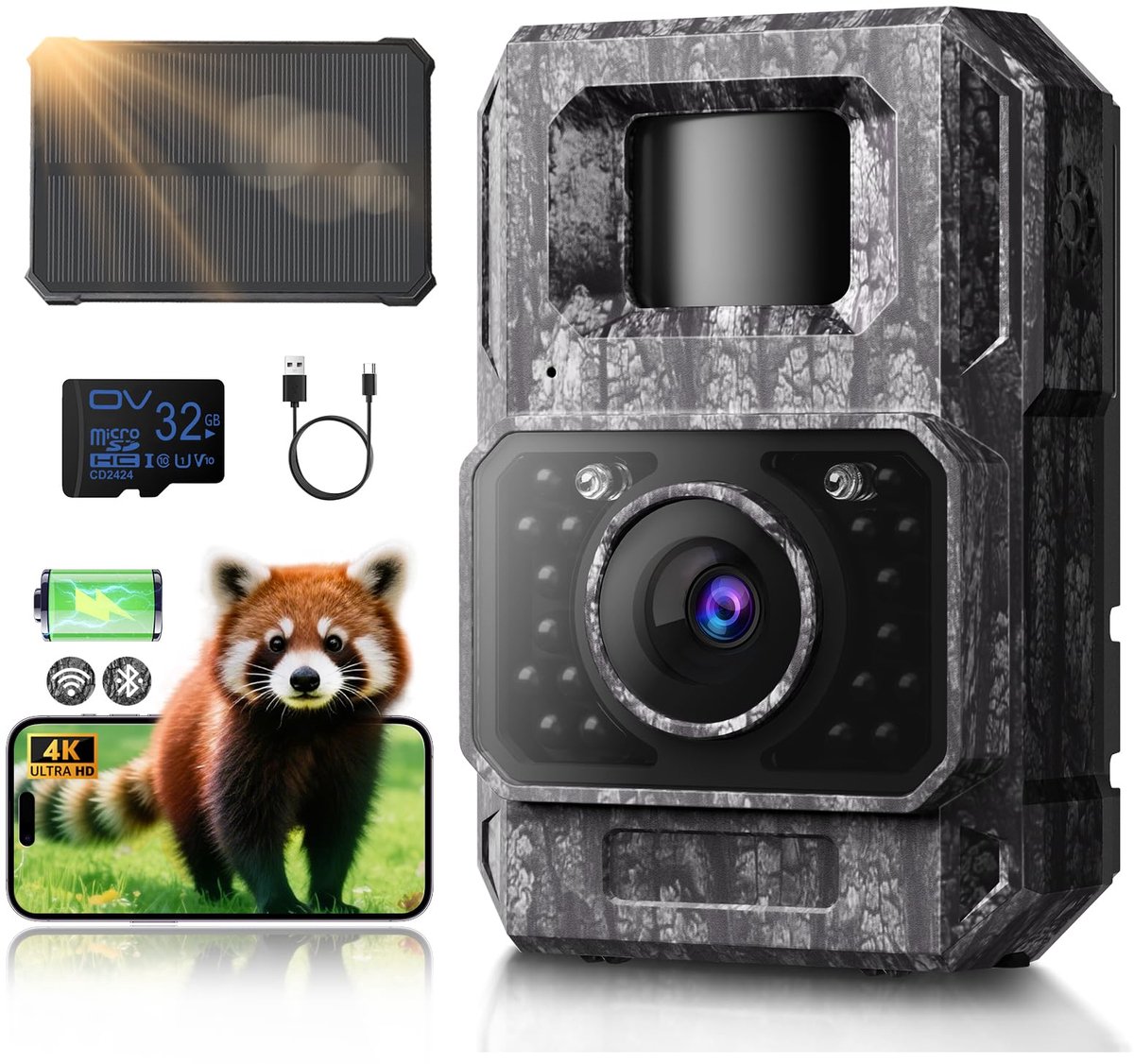 Wildcamera 64MP 4K met Zonnepaneel, WiFi, Bewegingsdetectie, Nachtzicht, 6000mAh Accu en 32GB SD-kaart