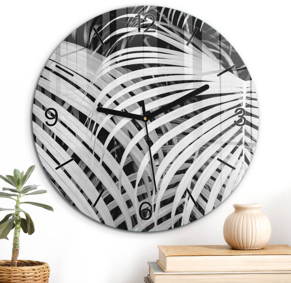 ArtPrintCave Zwart Glazen Klok - Wandklok 30 cm - Muurklok Rond - Bladpatroon Stille Wandklok - Natuur Wandklok Keuken - Zwarte Klokwijzers