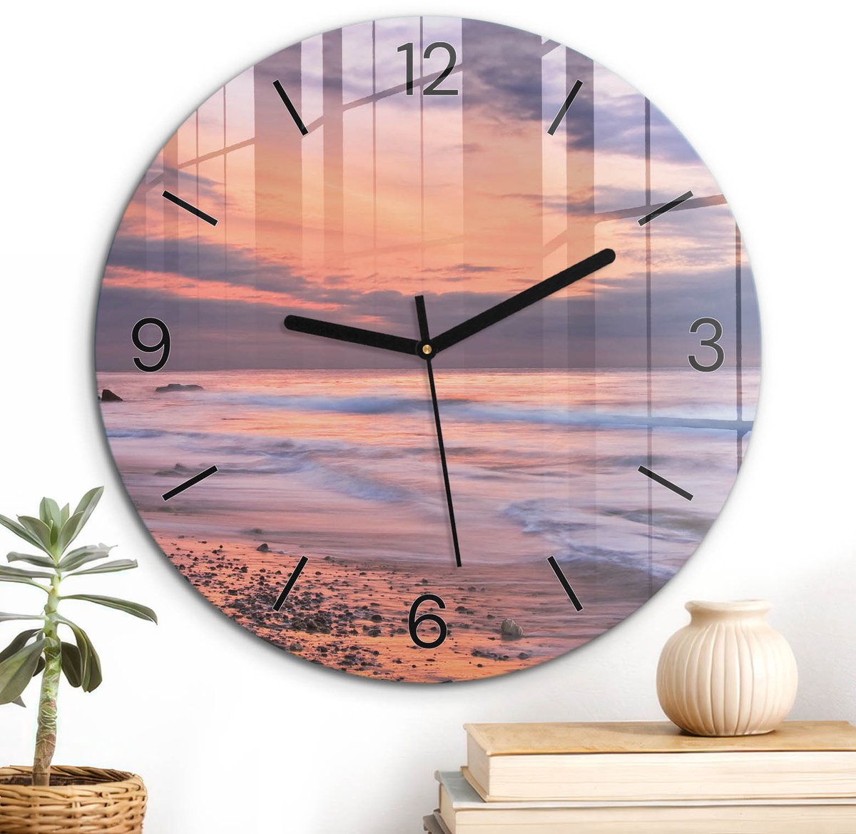 ArtPrintCave Oranje Glazen Klok - Wandklok 30 cm - Muurklok Rond - Zeegezicht Unieke Klok - Natuur Stille Wandklok - Zwarte Klokwijzers