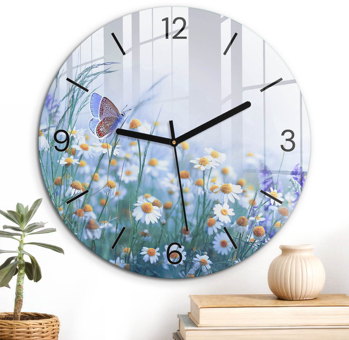 ArtPrintCave Wit Glazen Klok - Wandklok 30 cm - Muurklok Rond - Vlinderbloemen Stille Wandklok - Bloemen En Planten Wandklok Keuken - Zwarte Klokwijzers