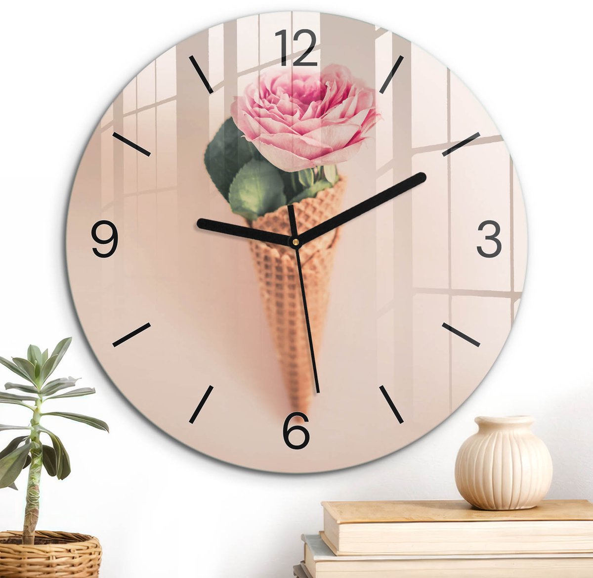 ArtPrintCave Romig Glazen Klok - Wandklok 30 cm - Muurklok Rond - Rozenwafel Stille Wandklok - Abstractie Wandklok Keuken - Zwarte Klokwijzers