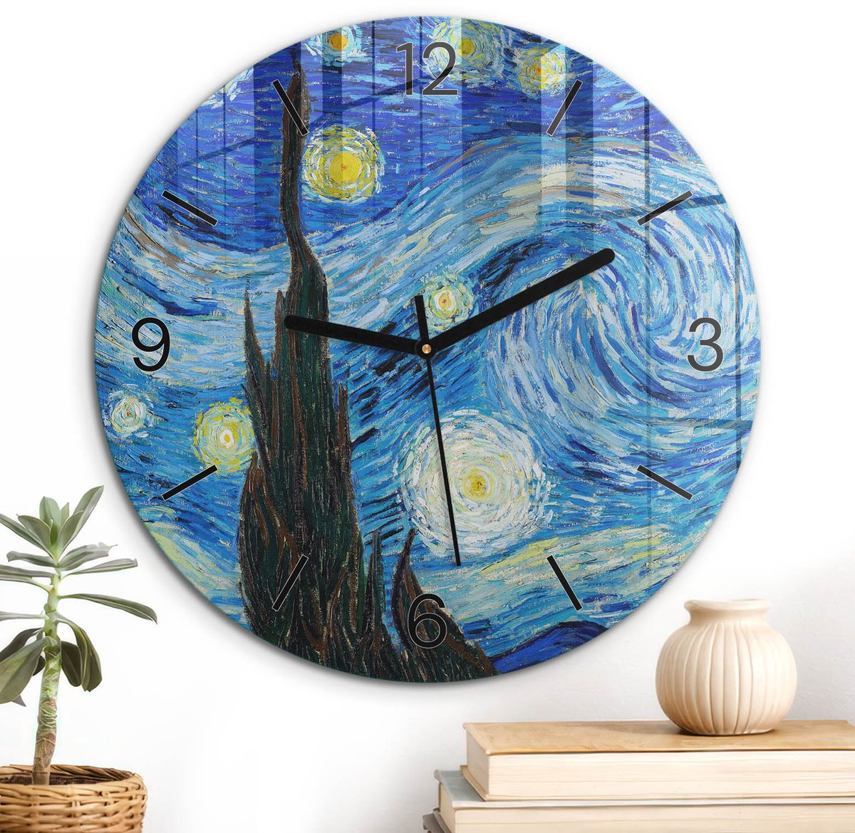 ArtPrintCave Blauw Glazen Klok - Wandklok 30 cm - Muurklok Rond - Sterrenhemel Wandklok Keuken - Abstractie Unieke Klok - Zwarte Klokwijzers
