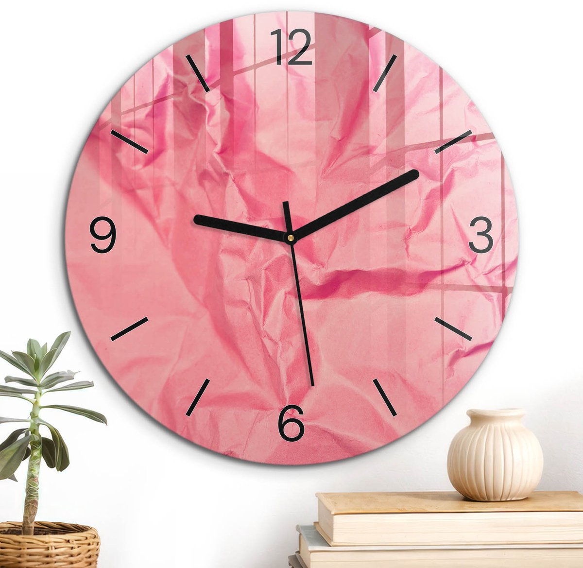 ArtPrintCave Roze Glazen Klok - Wandklok 30 cm - Muurklok Rond - Roze Textuur Wandklok Keuken - Abstractie Unieke Klok - Zwarte Klokwijzers