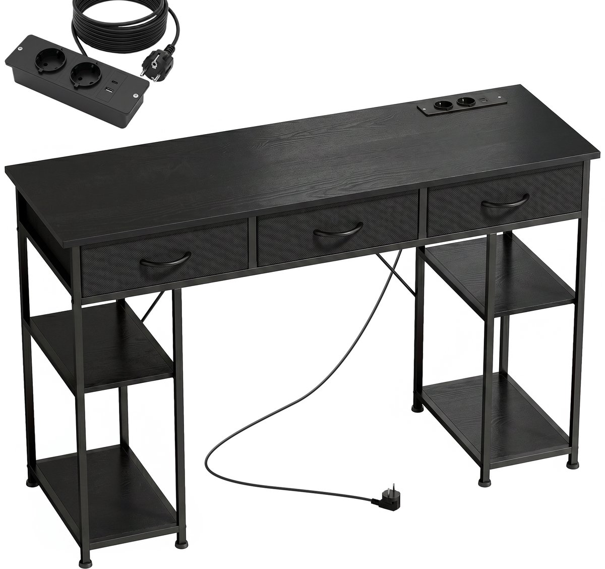 Zwart bureau met opbergruimte - Computerbureau met stopcontact en USB - Lades en planken - 120x40 cm - Zwart