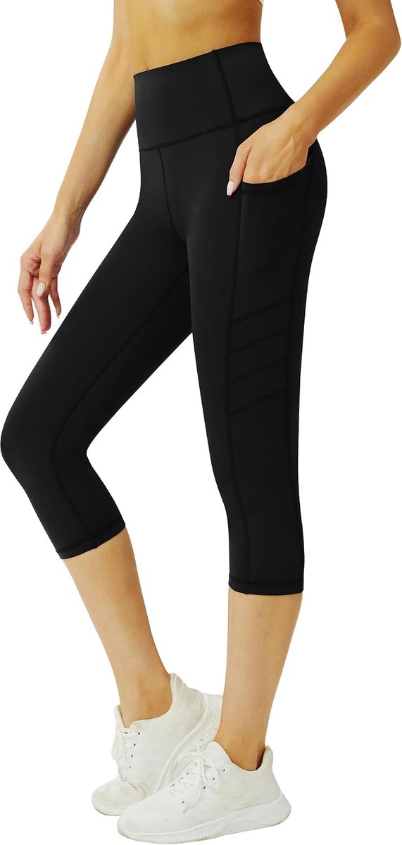 Sportlegging voor dames, 3/4 caprilegging met zakken, 3/4 ondoorzichtige fitnessbroek, loopbroek voor dames