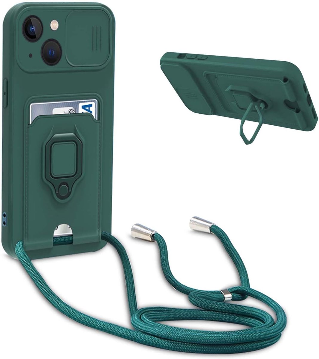 Telefoonhoesje met koord, compatibel met iPhone 15, siliconen telefoonhoes met schuifje ter bescherming van de camera, 360 graden ringhouder, standaard, kaartenvak, donkergroen