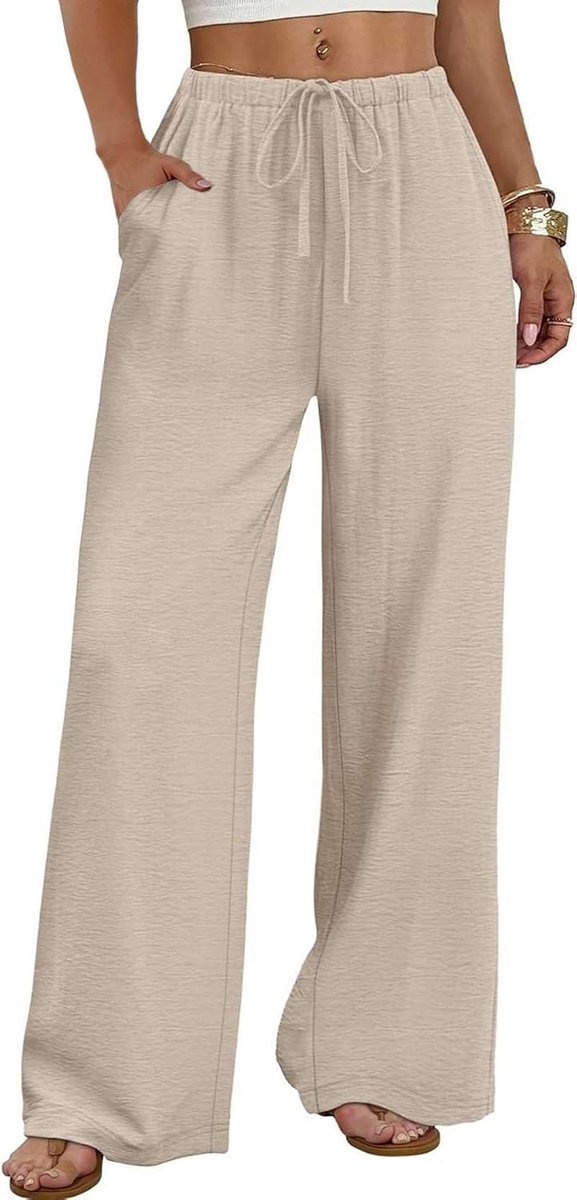 Broek met wijde pijpen voor dames, vloeiende palazzo-broek met manchetten, elastische taille en zakken, zomerkleding, badvakantiekleding
