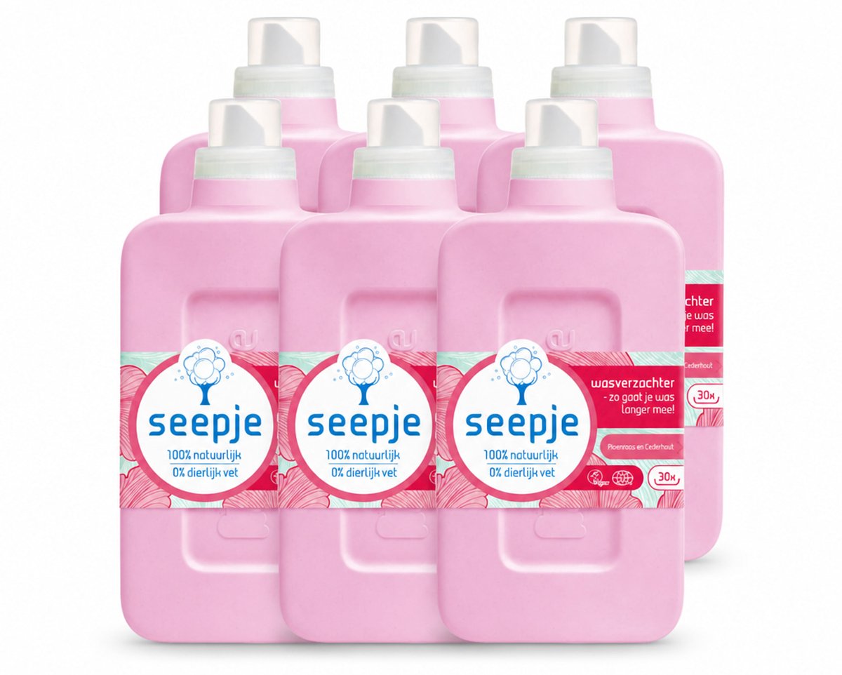 6 x Seepje - Wasverzachter - Geurige Verzorging - Pioenroos en Cederhout - 30 Wasbeurten - 750 ml - Voordeelverpakking - 6 stuks